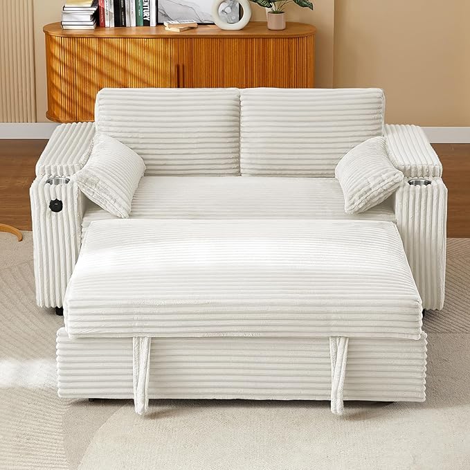 68.11" Corduroy Sleeper Chair Bed with USB Port, Cup Holders & Side Storage Pockets – 3-in-1 Foldable Sofa Bed for Guest Room, Living Room (ZY-1110-White)