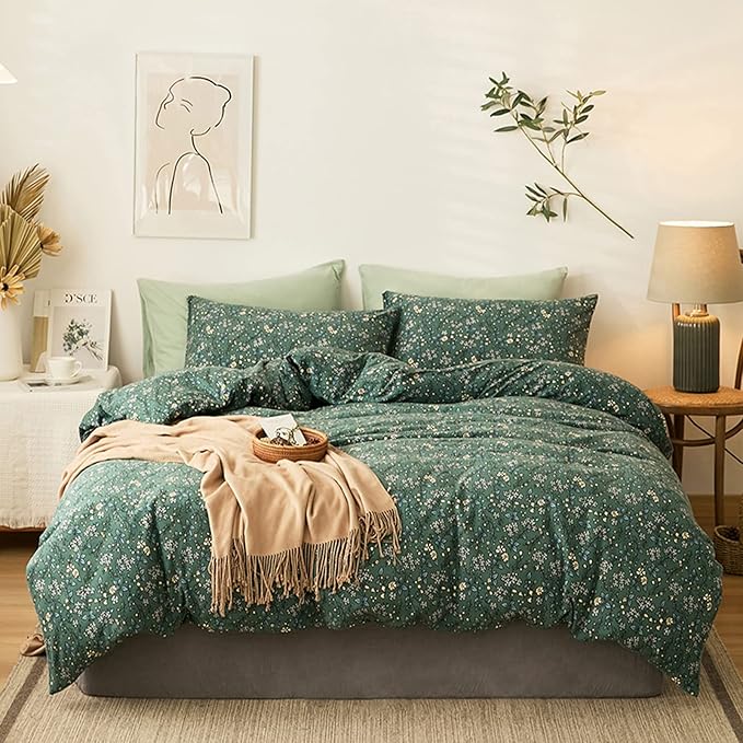 HighBuy Jersey Knit Duvet Cover Twin Green Floral Bedding Set 100% T-Shirt Cotton Comfy Bedding Sets Super Soft Garden Chic Knit Comforter Cover Twin Size