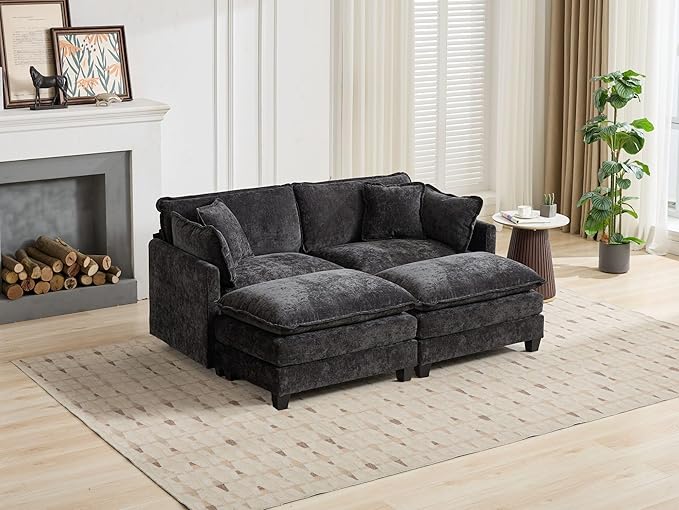 SoarFlash Chenille Sectional Sofa Ottoman,Black
