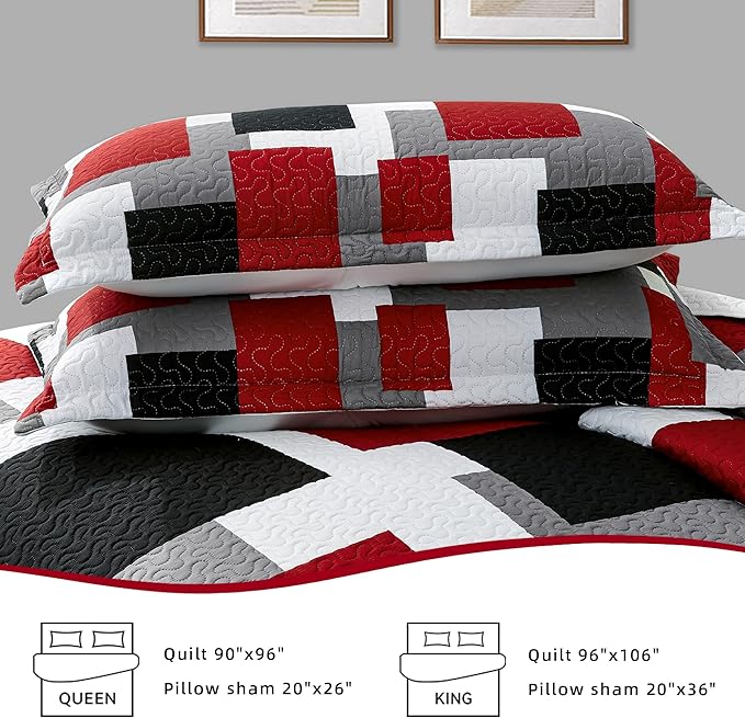 3 Piece Red Black Grey Quilt Set King Size Christmas Red Black Geometric Reversible Bedding Set Microfiber Lightweight Bedspread Coverlet with 2 Shams Modern Bed Cover for All Season, 106''x96''