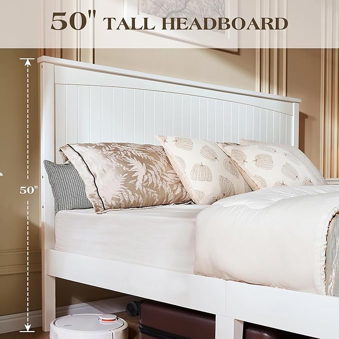 Queen Size Solid Wood Bed Frame with Storage, Mid-Century Modern Platform Bed with 50" Headboard & 2 Drawers, No Box Spring Needed/Quiet Support/Easy Assembly/Soft White Finish