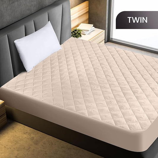 Utopia Bedding Quilted Fitted Mattress Pad, Twin Size, Elastic Fitted Mattress Topper Protector and Cover with Deep Pocket Stretches up to 16 Inches, Machine Washable (Beige)