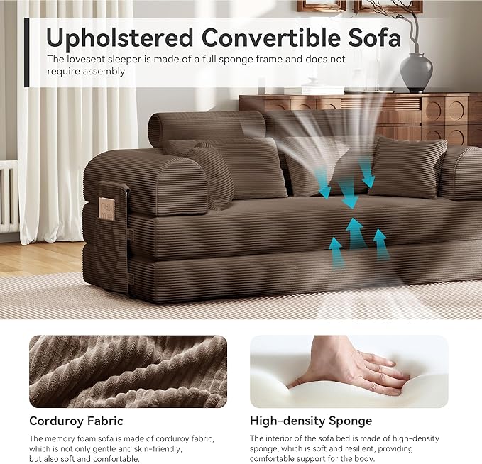 Upgrade High Backrest Design Sofa Bed with Fixed-Shape Frame & Removable Armrests and Backrest, Corduroy Fabric, Convertible Mattress Couch for Small Spaces - No Assembly Neede (High Backrest Brown)