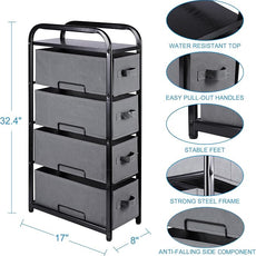 MAX Houser 4 Drawer Narrow Dresser Fabric Storage Tower Vertical Slim Storage Chest Organizer Nightstand Side/End Table Small Standing Organizer Removable Drawers Wood Top for Bedroom, Bathroom（Grey
