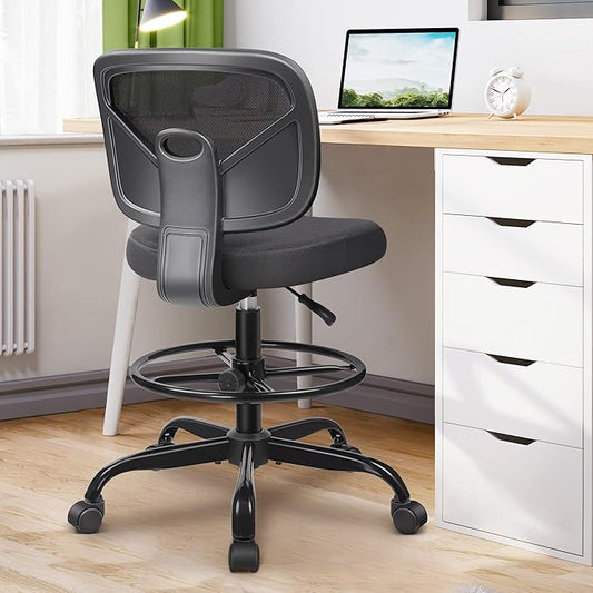 Primy Tall Drafting Desk Chair - Armless, Adjustable Height, Mesh Back, Rolling, Standing Desk Chair for Art Room, Office or Home (Black)