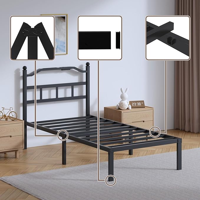 Twin Size Bed Frame - 14 Inch Metal Heavy Duty Bedframe with Charging Station Black Basic Steel Slats Platform with Headboard No Box Spring Needed/Easy Assembly