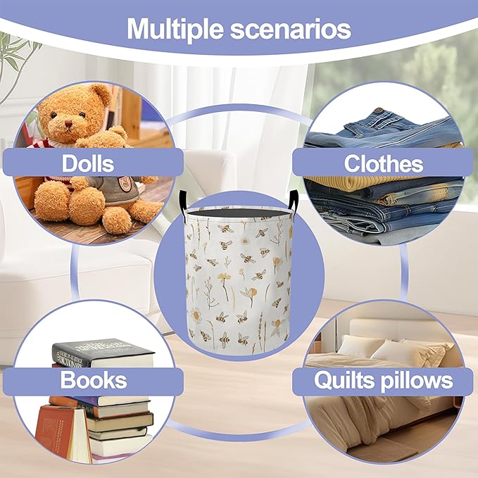 Laundry Basket-Bees Boho Florals Foldable Waterproof Oxford Cloth Funny Tote Bag Laundry Hamper Clothes Storage Bucket Organizer For Bathroom/Laundry Storage/Bedroom Storage Basket