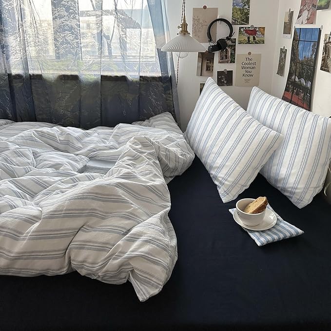 VM VOUGEMARKET Modern Duvet Cover Set King Size Demin Blue Stripes Duvet Cover with 2 Pillowcases 100% Washed Cotton Minimalist Bedding Set,104"x90"