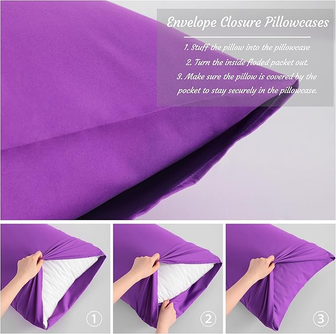 NTBAY Body Pillow Cases Set of 2, 2 Pack Brushed Microfiber Pillow Cases, Soft, Wrinkle, Fade, Stain Resistant Pillow Cases with Envelope Closure, 20x54 Inches, Purple