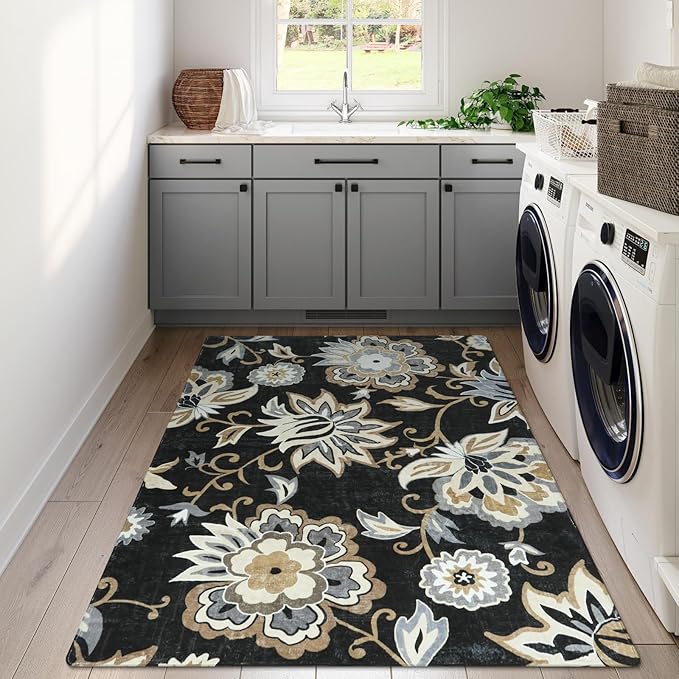 Lahome Floral Black Washable Area Rug 4x6, Non-Slip Ultra-Thin Soft Accent Stain Resistant Indoor Area Rug, Paisley Print Carpet for Bedroom, Living Room, Entryway, Kitchen, Laundry