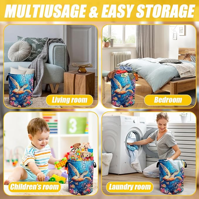 Colorful Sea Turtle Laundry Basket,Foldable Oxford Cloth Funny Tote Bag Laundry Hamper Clothes Storage Bucket Toy Organizer For Bathroom Laundry Storage Bedroom 18.9x16.5