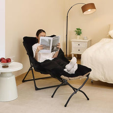 Comfy Saucer Chair for Adults, Soft Faux Fur Bedroom Chair with Ottoman, Accent Dorm Chairs, Living Room Reading Chairs and Footstool, Folding Lounge Seat for Teens, X-Large, Black