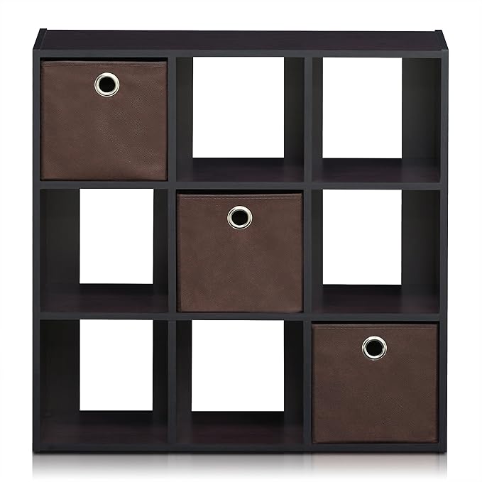 Furinno Simplistic 9-Cube Organizer with Bins, Small Size (Assembled Unit Dimensions : 7.9"D x 26.5"W x 26.7"H Inches), Dark Walnut