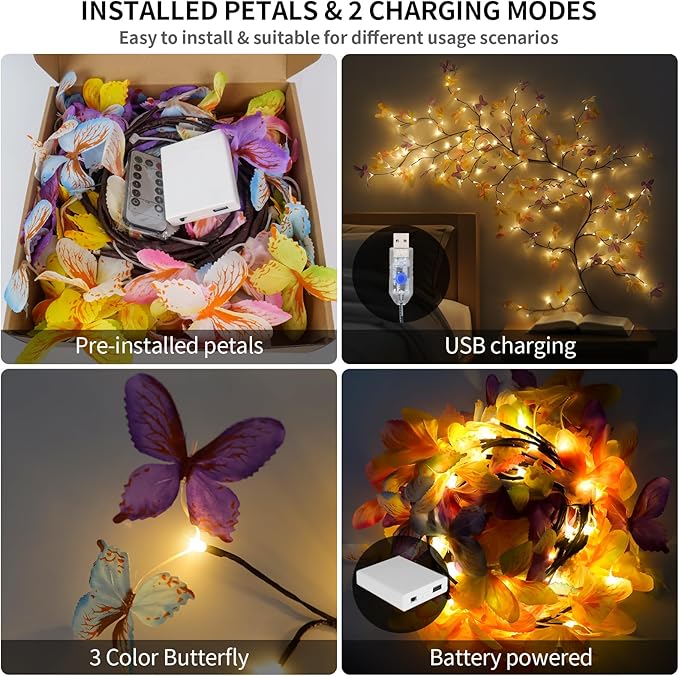 Butterfly Enchanted Willow Vine Lights, 7.55FT 144LED 3 Color Butterfly Blossom Tree Branch Lights for Wall, Remote Timer,8 Light Model,Bedroom Wall Doors Wedding, Christmas, USB Battery Box
