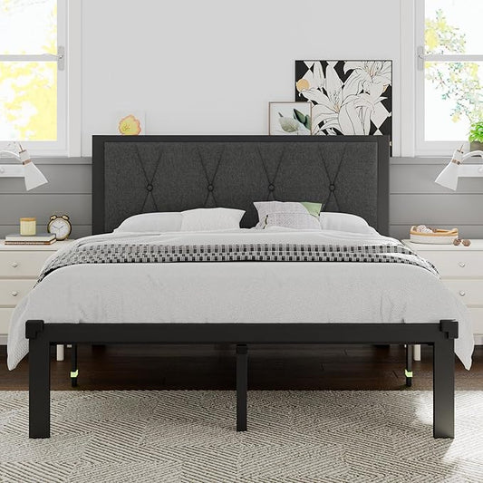 Full Size Metal Bed Frame, Platform Bed with Upholstered Button Tufted Headboard, 12" Underbed Storage, Steel Slats Support, No Box Spring Needed, Easy Assembly, Noise-Free, Dark Grey