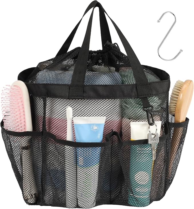 F-color Mesh Shower Caddy Portable with Drawstring - Upgrade Deeper 7 Pockets Dorm Room Essentials for Guys Girls with S Hook, Shower Bag Basket Tote for College Camping Gym Toiletry Bathroom, Black