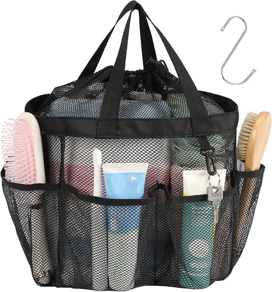 F-color Mesh Shower Caddy Portable with Drawstring - Upgrade Deeper 7 Pockets Dorm Room Essentials for Guys Girls with S Hook, Shower Bag Basket Tote for College Camping Gym Toiletry Bathroom, Black