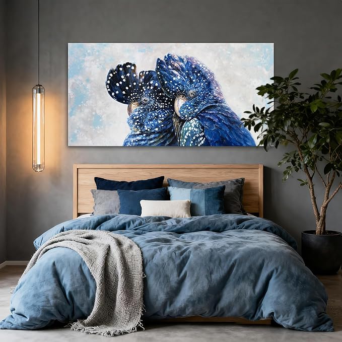 YETHEN WAL Blue Parrot Wall Art, Extra-Large Blue Bird Canvas Print, Cobalt Textured Animal Artwork for Living Room Bedroom Hallway, 24×48 Inch