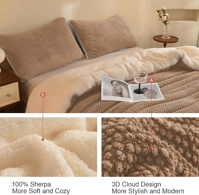 3D Jacquard Design Comforter Set, Ultra-Soft Warm Twin Size Sherpa Fur Plush 2-Pieces Sets Luxury Cozy Bedding with 1 Pillowcase (68"x90", Beige)