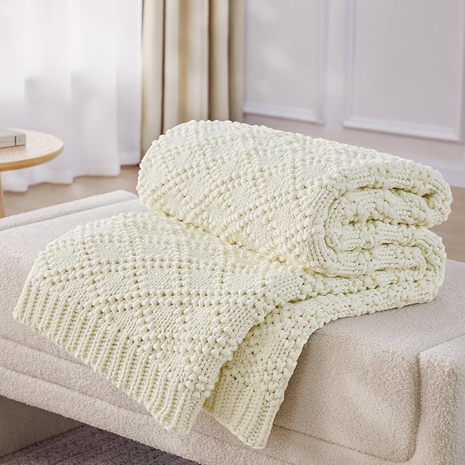 Knitted Weighted Blanket for Adult, Chunky Knit Weighted Throw for Sleep 60"*80" 10lbs, Cooling Breathable Machine Washable Heavy Blanket for Room Decor (Ivory White, Queen)