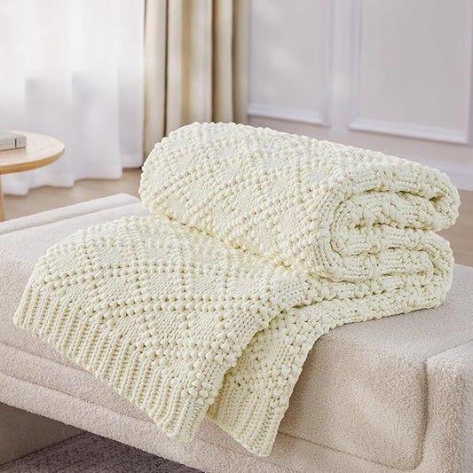 Knitted Weighted Blanket for Adult, Chunky Knit Weighted Throw for Sleep 60"*80" 10lbs, Cooling Breathable Machine Washable Heavy Blanket for Room Decor (Ivory White, Queen)