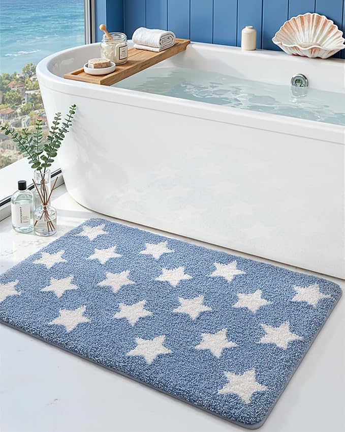 DEXI Star Bathroom Rug, 24x36 Non Slip Washable Bath Mat Absorbent, Ultra Soft Plush Microfiber Bathmat Quick Dry for Shower Floor, Tub, Sink, Light Blue