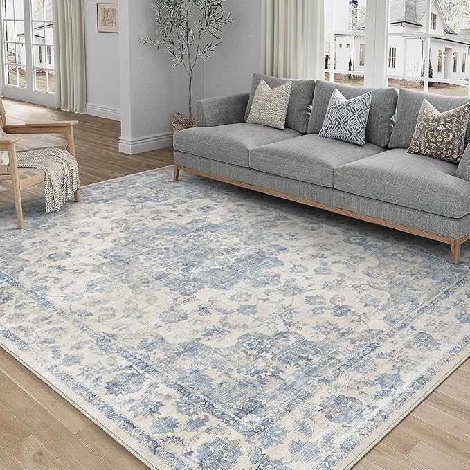 4x6 Washable Neutral Area Rug Blue Vintage Entryway Office Carpet Non-Slip Soft Low Pile Floral Indoor Throw Rug for Living Room Bathroom Dining Room