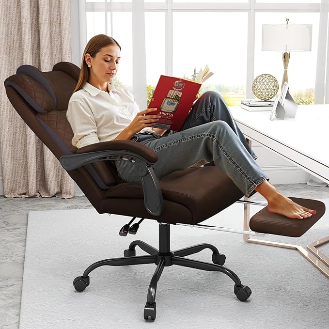 Ergonomic Office Chair with Footrest, 400lbs High Back Executive Home Office Computer Chair with Unique Ear-Shape Headrest for Neck Support,Coffee Leather Office Chairs for Home Office Work