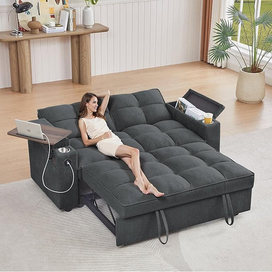 66" Multi-Functional Pull-Out Sofa Bed with Hidden Side Table, Storage Armrests, Built-in Charging Port, Spring Mattress, Solid Wood Frame – Ideal for Small Spaces, Easy Assembly