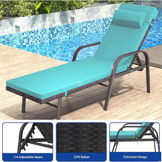 Patio Chaise Lounge Set 3 Pieces Pool Lounge Chairs,Cushioned Outdoor Folding Lounge Chair w/Arm and Rattan Adjustable Backrest for Poolside Porch,Folding Table Included,Turquoise Blue