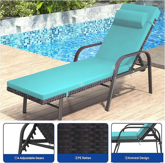 Patio Chaise Lounge Set 3 Pieces Pool Lounge Chairs,Cushioned Outdoor Folding Lounge Chair w/Arm and Rattan Adjustable Backrest for Poolside Porch,Folding Table Included,Turquoise Blue