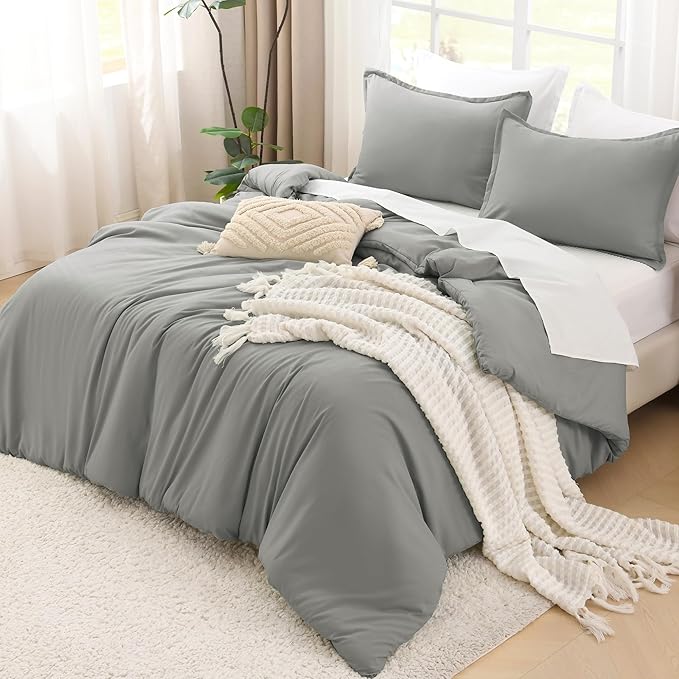 Litanika Comforter Set, Lightweight Solid Bedding Comforter Set, Fluffy Down Alternative Bed Set, Midium Grey, Oversized Queen