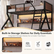 Twin over Full Bunk Bed with Storage Shelves, Metal Bunk Beds with Ladders and Lights, Heavy-duty Bunkbed for Bedrooms, Guest Rooms and Dorms, No Box Spring Needed and Noise-free Design, Black