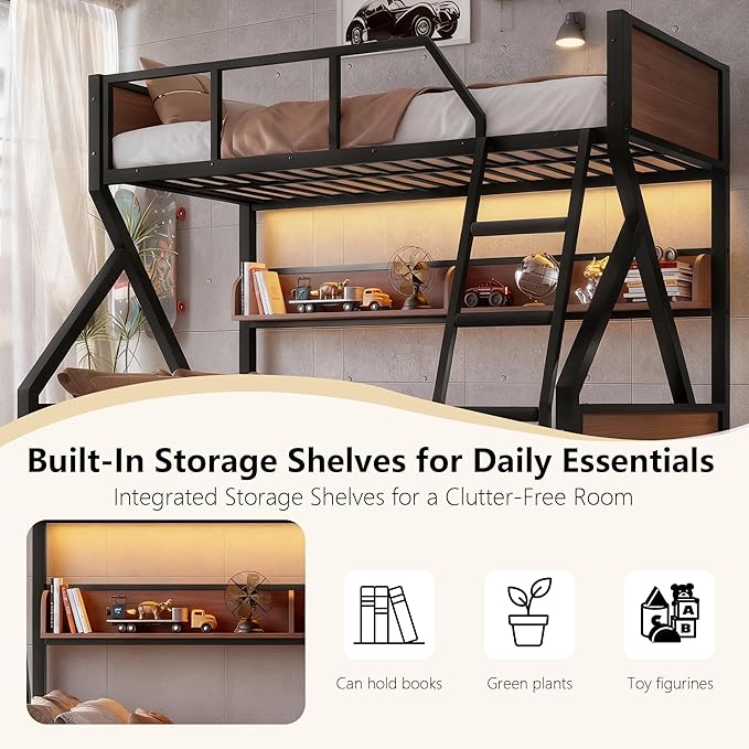 Twin over Full Bunk Bed with Storage Shelves, Metal Bunk Beds with Ladders and Lights, Heavy-duty Bunkbed for Bedrooms, Guest Rooms and Dorms, No Box Spring Needed and Noise-free Design, Black
