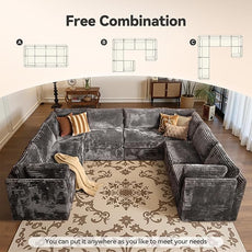 Large 8 Seat Modular Sectional Sofa with Ottoman Seat Corduroy Sleeper Sectional Sofa Bed Oversized Convertible Modular Couch for Living Room