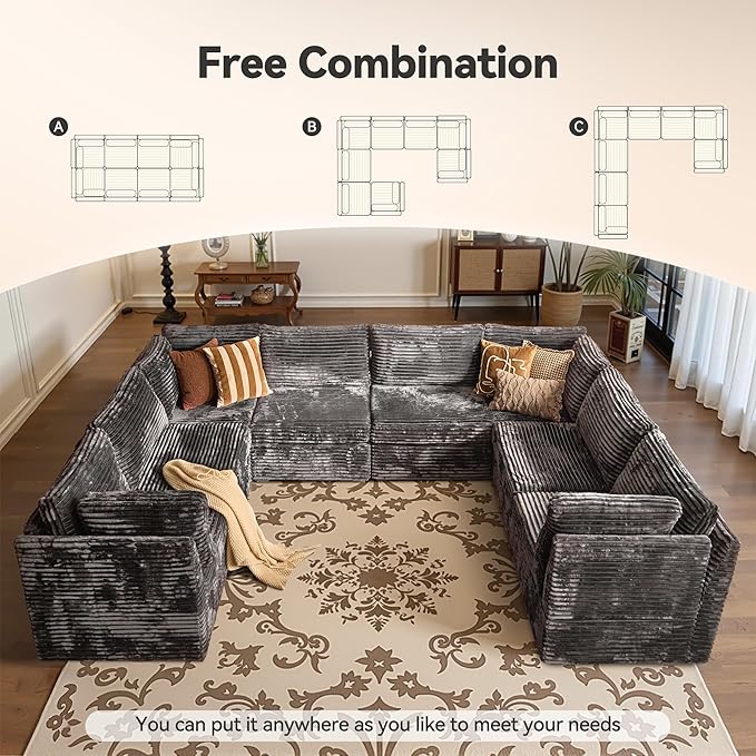 Large 8 Seat Modular Sectional Sofa with Ottoman Seat Corduroy Sleeper Sectional Sofa Bed Oversized Convertible Modular Couch for Living Room