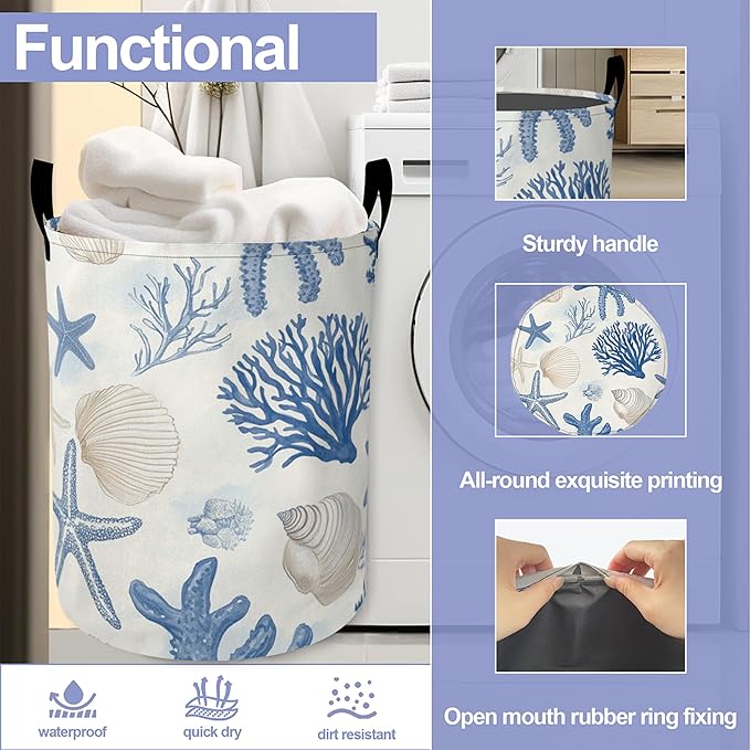Vintage Starfish Laundry Basket, Shells Oxford Cloth Laundry Hamper With Handle Foldable Portable Clothes Storage Basket Storage Bag For Laundry Room/Bathroom/Bedroom/Dormitories