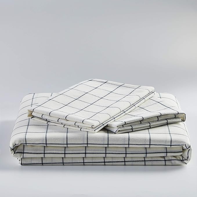 JELLYMONI Cotton Duvet Cover Twin Size - White Grid Plaid Comforter Cover with Button 100% Washed Cotton 2PCS Breathable Soft Solid Bedding Set Duvet Cover 68×90in & 1 Pillowcase (NO Comforter)