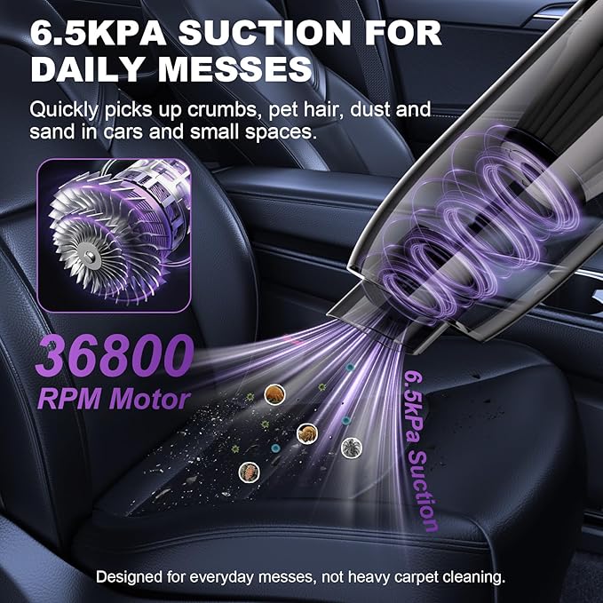 4-in-1 Mini Handheld Vacuum Cordless for Car, Desk & Small Spaces, 6.5kPa Strong Suction, Ultra-Quiet 60dB, 0.85 lb Portable Air Duster/Inflator/Pump, USB-C Rechargeable 2 Washable HEPA Filters