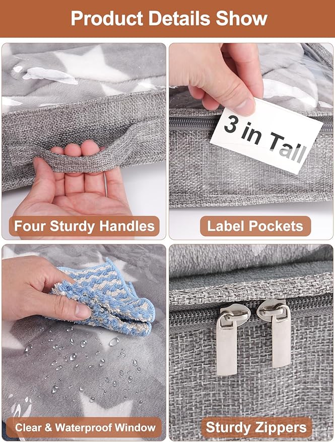 3 Inch Low Profile Under Bed Storage Bins with NO STURCTURE Design, Shallow Clothes Storage Bags with Clear Lids & Waterproof Fabric - Fits Under Sofa, Couch, Dorm, or College Beds，40x20x3inch，Grey