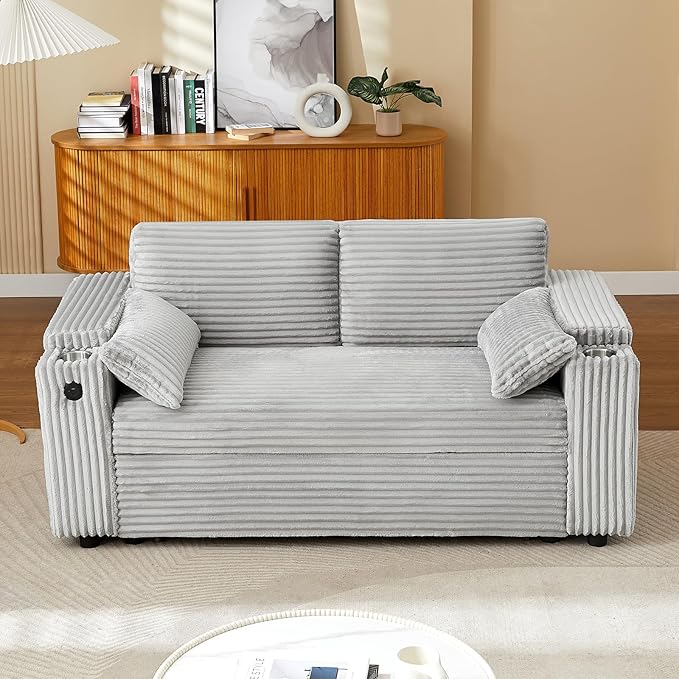 68.11" Corduroy Sleeper Chair Bed with USB Port, Cup Holders & Side Storage Pockets – 3-in-1 Foldable Sofa Bed for Guest Room, Living Room –Gray