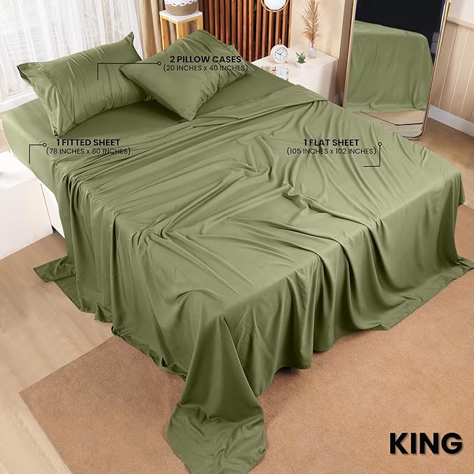 Utopia Bedding King Sheet Set – 4 Piece Bed Sheets for King Size Bed, Soft and Breathable Microfiber, Includes 1 Fitted Sheet, 1 Flat Sheet and 2 Pillowcases (Olive)