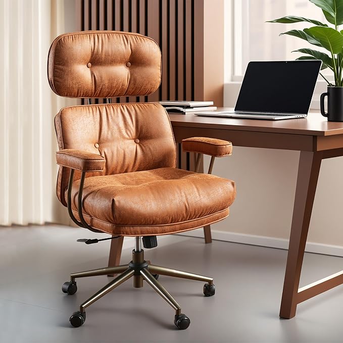 ovios Ergonomic Office Chair, High Back Faux Leather Executive Chairs with Thick Cushion, Comfy High-Century Modern Swivel Rolling Computer Armchair (Brown, Suede Leather)