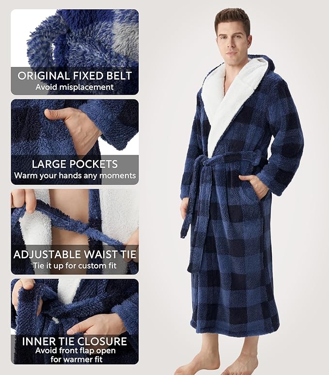 DAVID ARCHY Men's Hooded Robe Soft Coral Fleece Microfiber Bathrobe