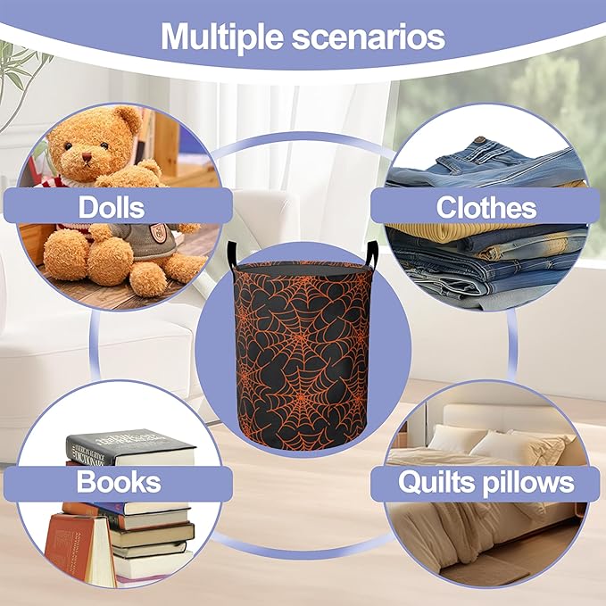 Halloween Spider Web Laundry Hamper Large Canvas Fabric Lightweight Storage Basket/Dirty Clothes Collapsible Waterproof for College Dorms, Boys and Girls Bedroom,Bathroom