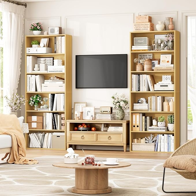 FOTOSOK 6-Tier Open Bookcase and Bookshelf Set of 2, Freestanding Display Storage Shelves Tall Bookcase for Bedroom, Living Room and Office, Natural