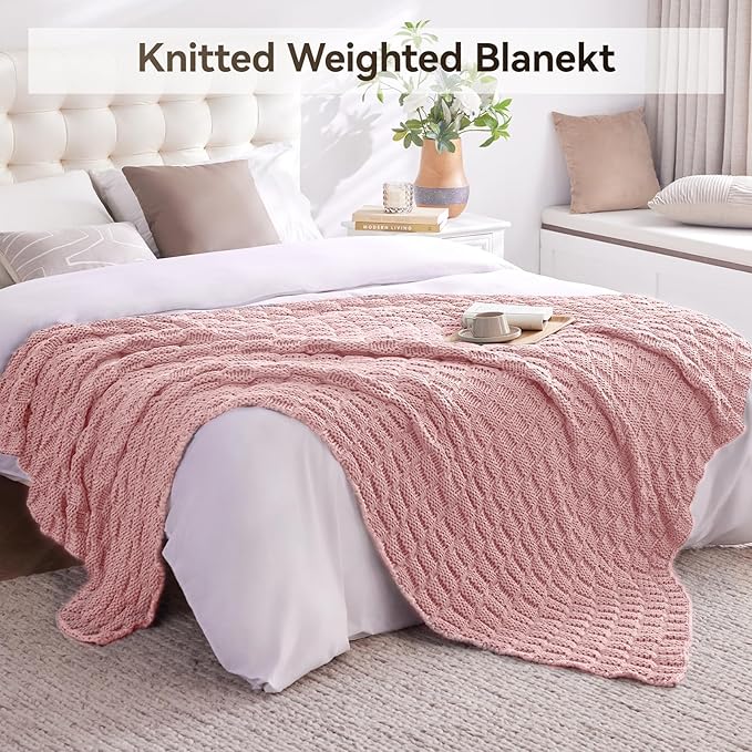 Knitted Weighted Blanket Adult, No Beads Heavy Blanket 60” x 80'' 12lbs, Breathable Chunky Knit Blanket, Cooling Weighted Blanket for Hot Sleepers, Christmas Home Decor (HoneyPink)