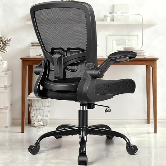 Ergonomic Office Chair - High Back Mesh Computer Desk Chair with Adjustable Lumbar Support, Flip-Up Armrests, Tilt Function - Perfect for Gaming, Work, and Study -Light Black