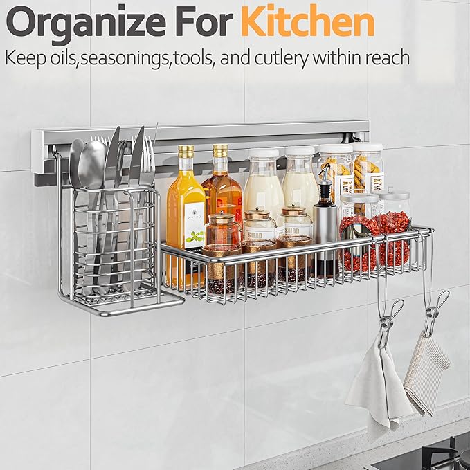 MINGLING Stainless Steel Shower Caddy, 41 cm Wall Back Crossbar Rustproof Shelves with 2 Long Tail Hook Clip, Large Capacity Bathroom Organizers and Storage