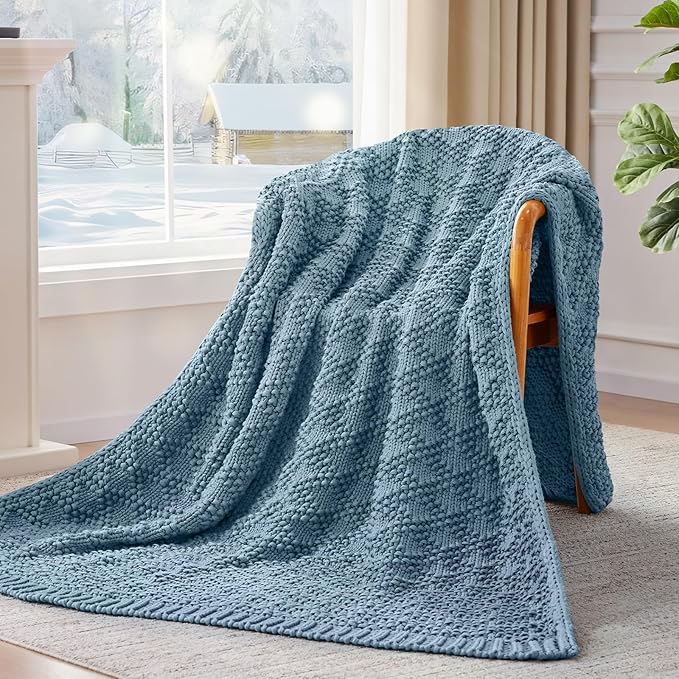 Knitted Weighted Blanket for Adult, Chunky Knit Weighted Throw for Sleep 40"*60" 7lbs, Cooling Breathable Heavy Blanket for Hot Sleepers, Machine Washable Blanket for Room Decor(HazeBlue)